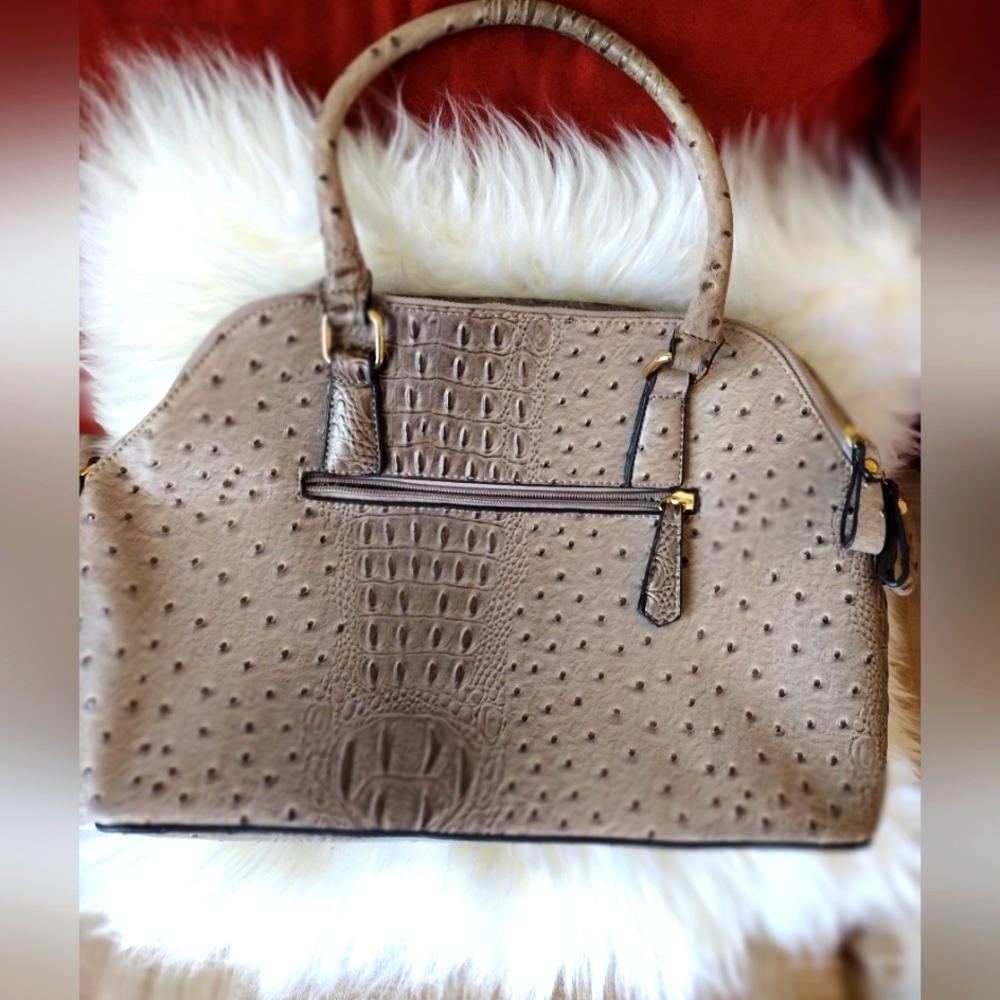 New Alyssa Vegan Ostrich Pattern Lead Safe Tan hand bag